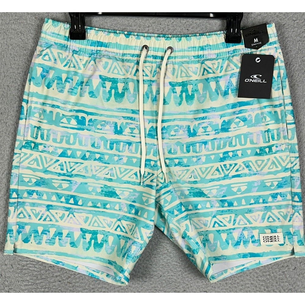 NEW O Neill‎ Swim Trunks Mens Medium Teal Geometric Tribal Print Board Shorts